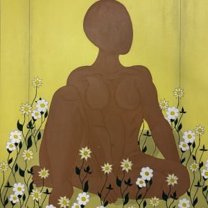 A minimalist and contemporary art piece showing a human silhouette in a yellow room and flowers blooming around