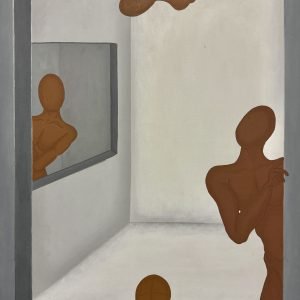 A minimalist contemporary piece of art featuring 4 human silhouettes inside a frame