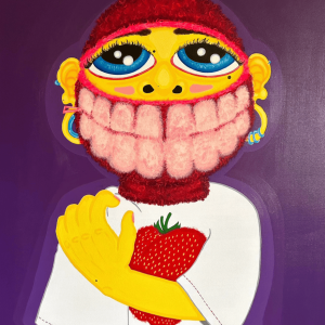contemporary art piece inspired by the "Speak no evil" monkey from the classic proverb, "See no evil, Hear no evil, Speak no evil." Using vibrant colors and a caricaturesque style