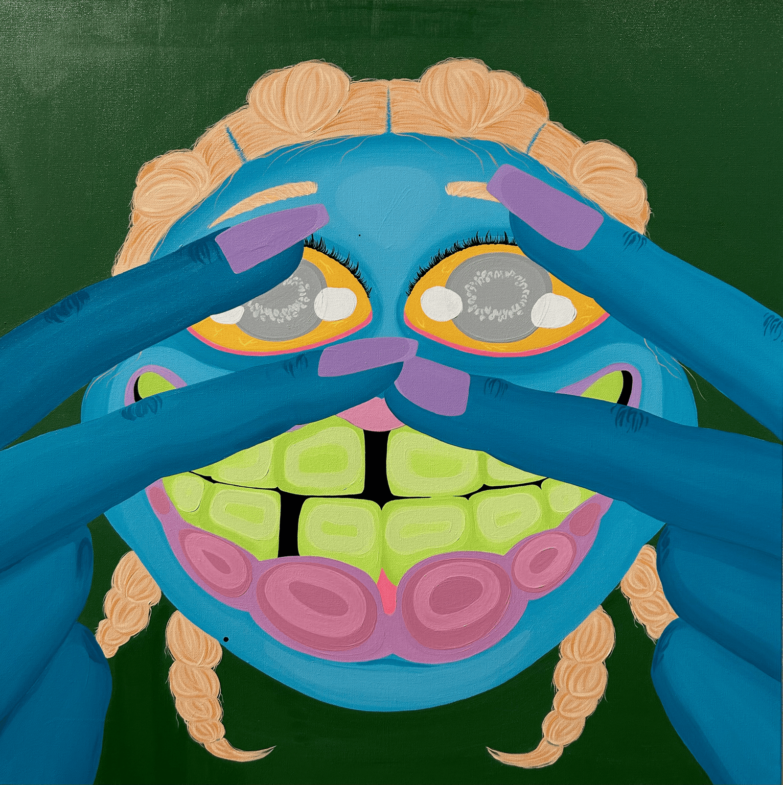 contemporary art piece inspired by the "See no evil" monkey from the classic proverb, "See no evil, Hear no evil, Speak no evil." Using vibrant colors and a caricaturesque style