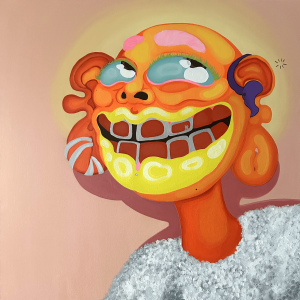 contemporary art piece inspired by the "Hear no evil" monkey from the classic proverb, "See no evil, Hear no evil, Speak no evil." Using vibrant colors and a caricaturesque style