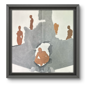 Minimalist art piece, featuring a wall with a void and five human figures in a subtle palette of whites and greys.